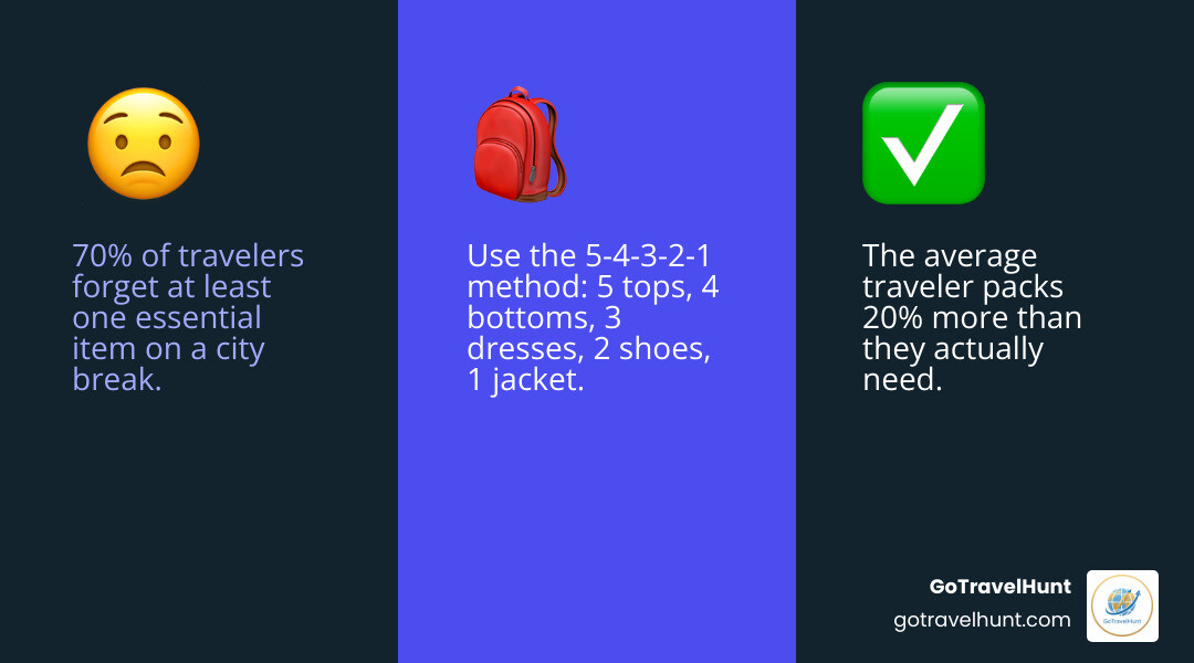 Detailed infographic showing the 5-4-3-2-1 packing method with visual breakdown of essential items for a weekend city break including clothing quantities, toiletries in travel sizes, electronics with charging accessories, and versatile footwear options - City break packing list infographic 3_facts_emoji_blue