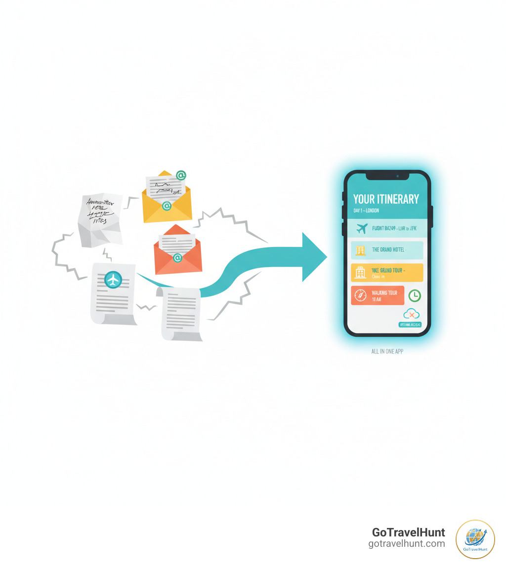 Infographic showing the change from scattered travel planning chaos - multiple email confirmations, handwritten notes, and printed documents - flowing into a single, organized mobile app interface displaying a complete day-by-day itinerary with flights, hotels, activities, and real-time updates all accessible offline - app to track travel itinerary infographic 