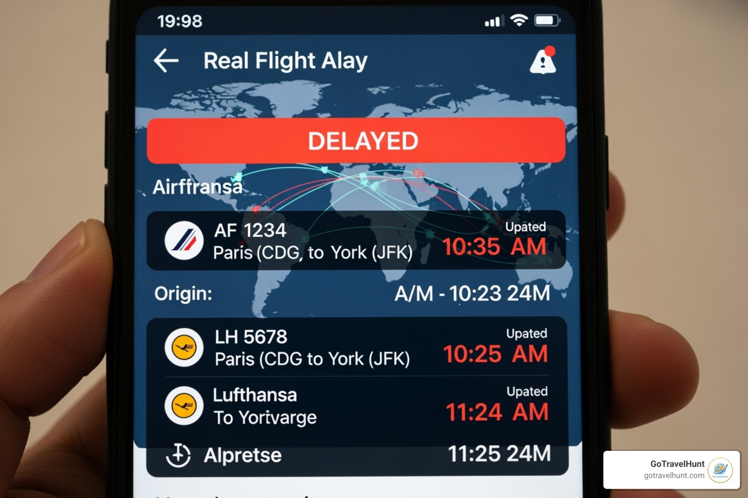 phone screen showing real-time flight delay alerts - app to track travel itinerary