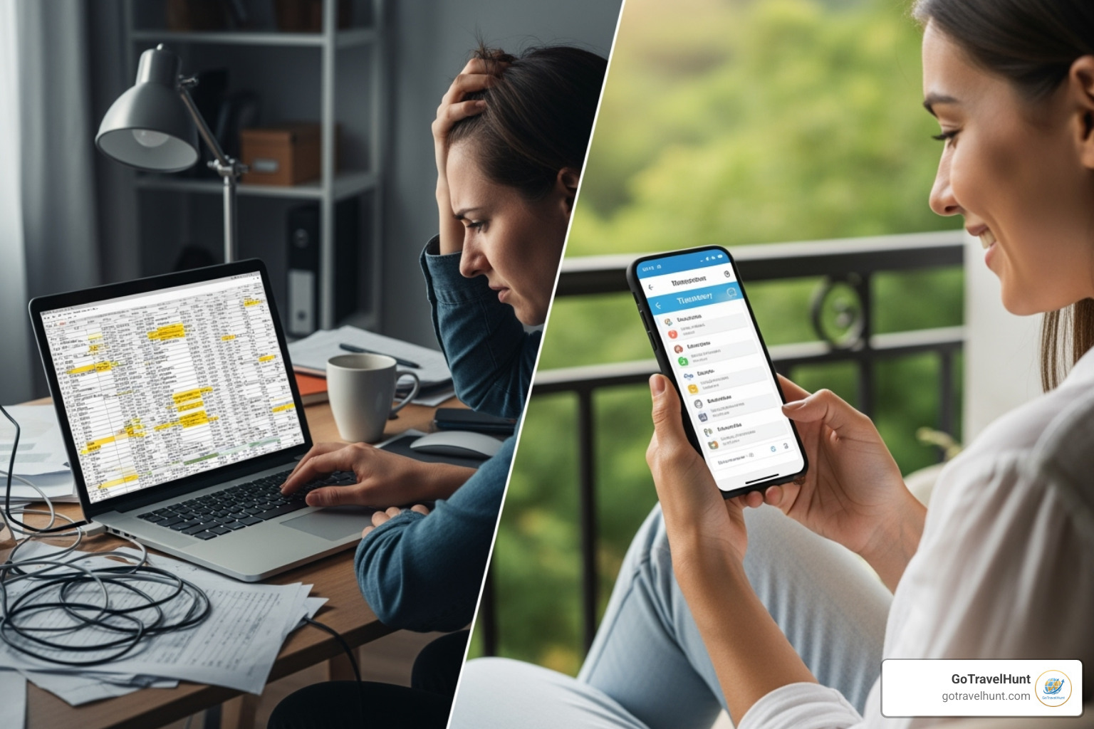 frustrated person with spreadsheet vs. organized phone - app to track travel itinerary