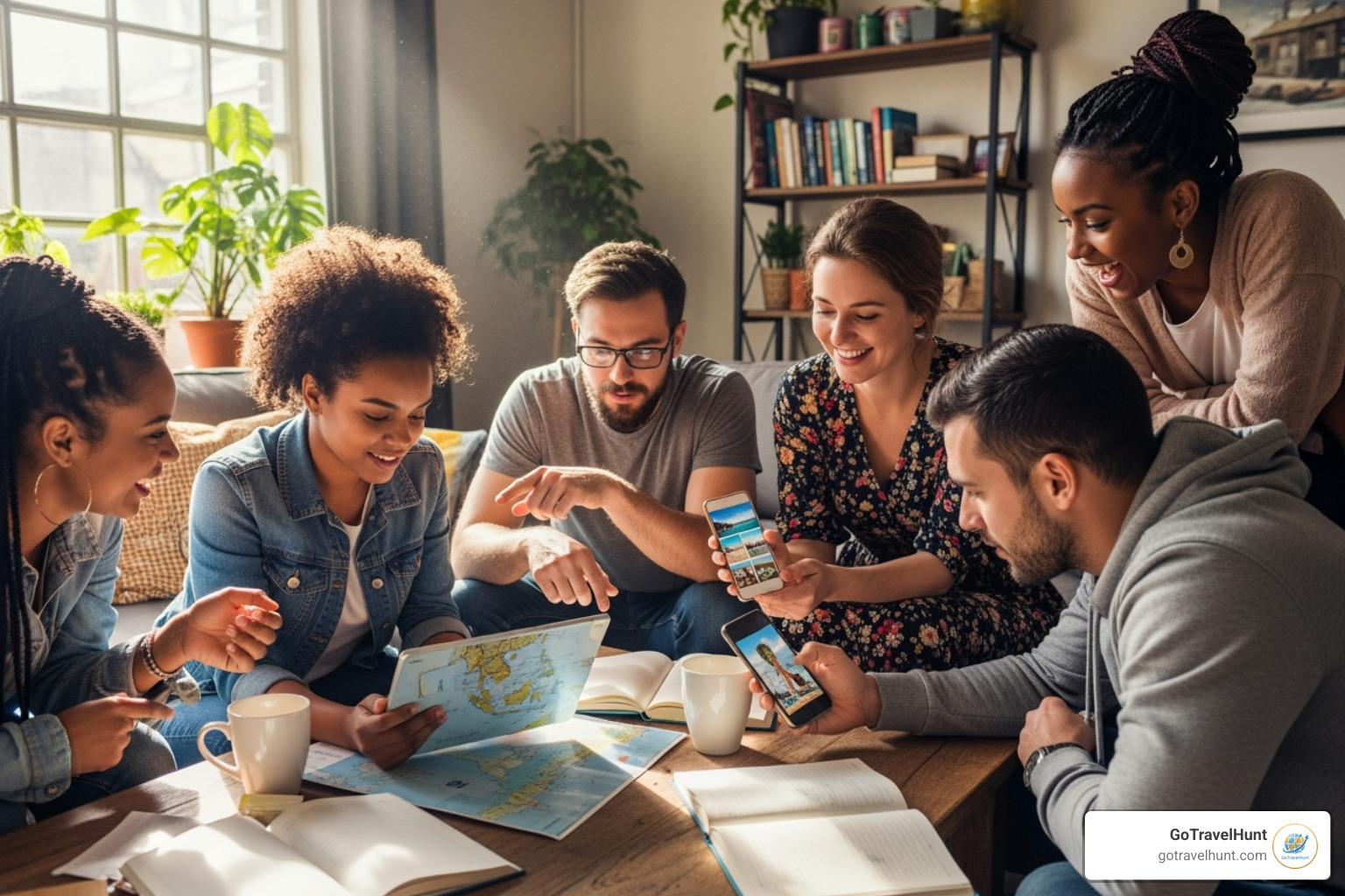 friends planning a trip together on a tablet and phone - app to track travel itinerary