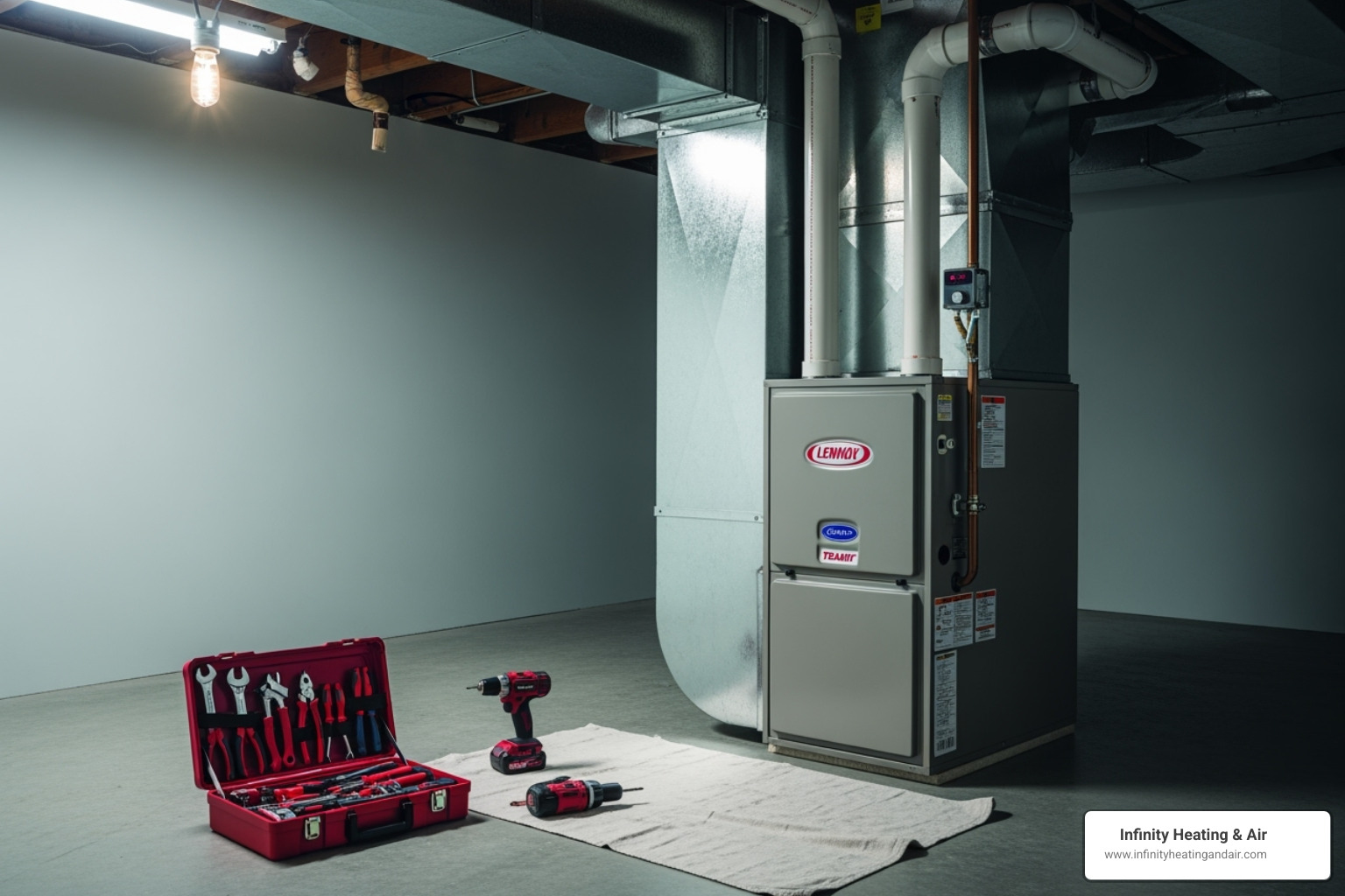 a clean work area with a newly installed indoor furnace unit - HVAC installation Puyallup