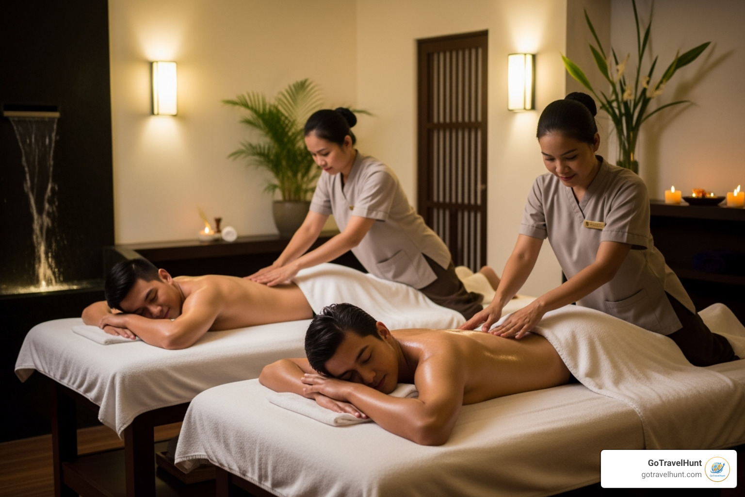 of a couple enjoying a side-by-side massage - romantic spa resort of a couple enjoying a side-by-side massage - romantic spa resort