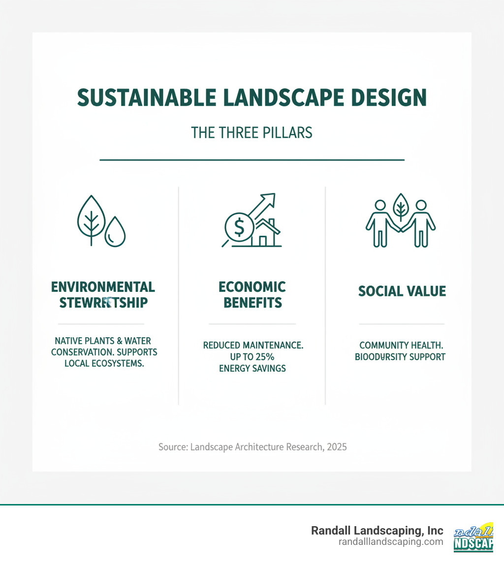 Infographic showing the three pillars of sustainable landscape design: environmental stewardship through native plant use and water conservation, economic benefits including reduced maintenance costs and energy savings up to 25%, and social value through community health and biodiversity support - Sustainable landscape design infographic 