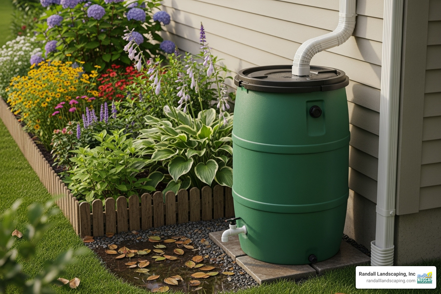 Rain barrel connected to a downspout - Sustainable landscape design