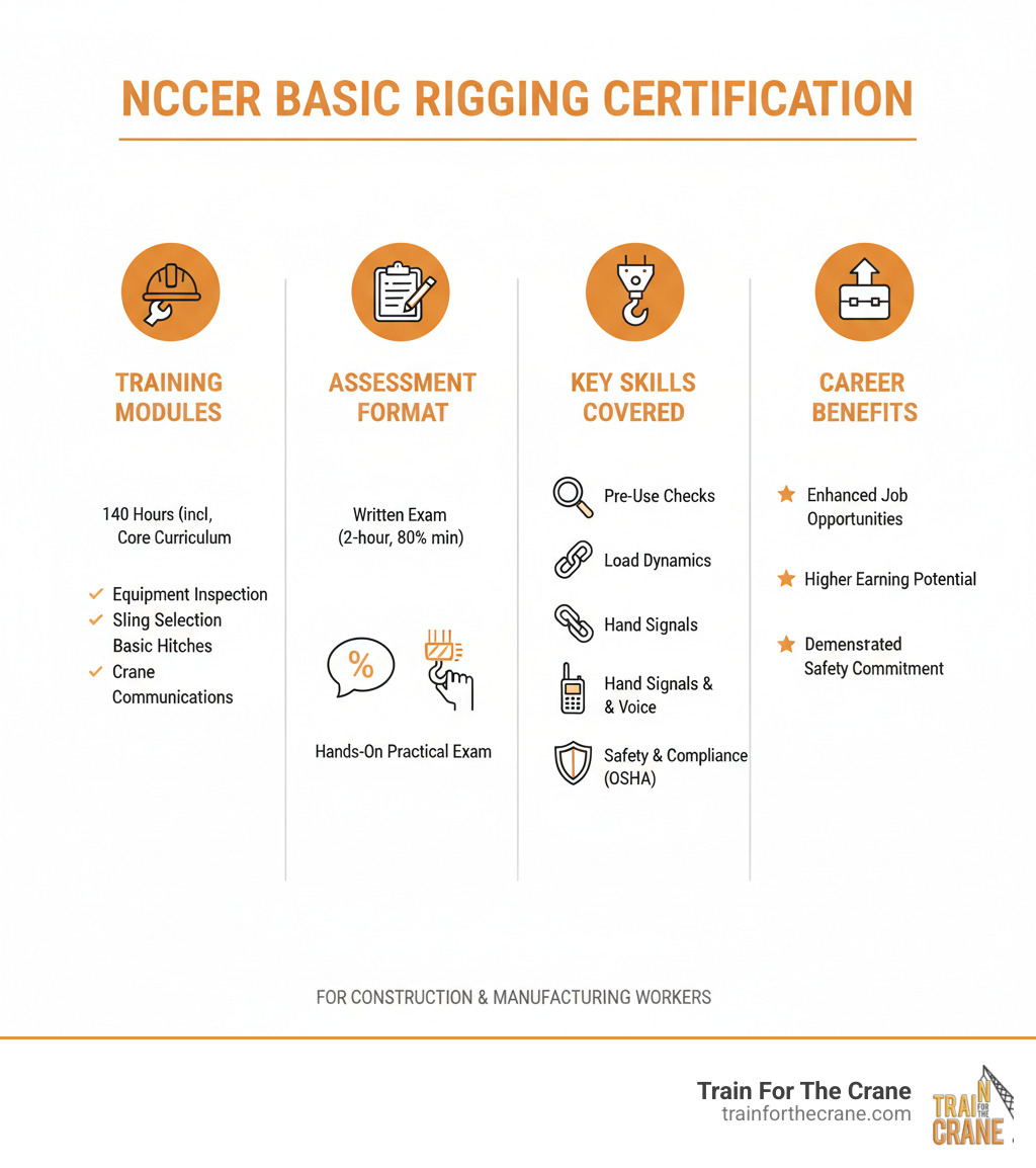 Detailed breakdown of NCCER Basic Rigging certification requirements including training modules, assessment format, key skills covered, and career benefits for construction and manufacturing workers - nccer basic rigging infographic 