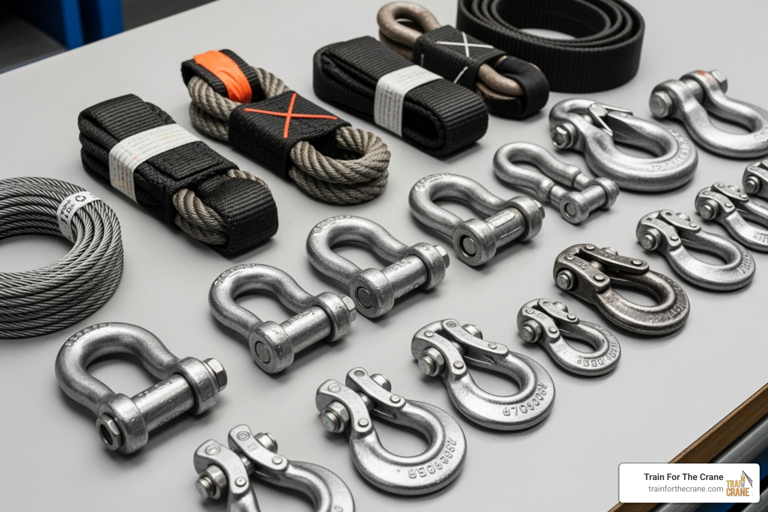 Various rigging hardware components like slings, shackles, and hooks - nccer basic rigging