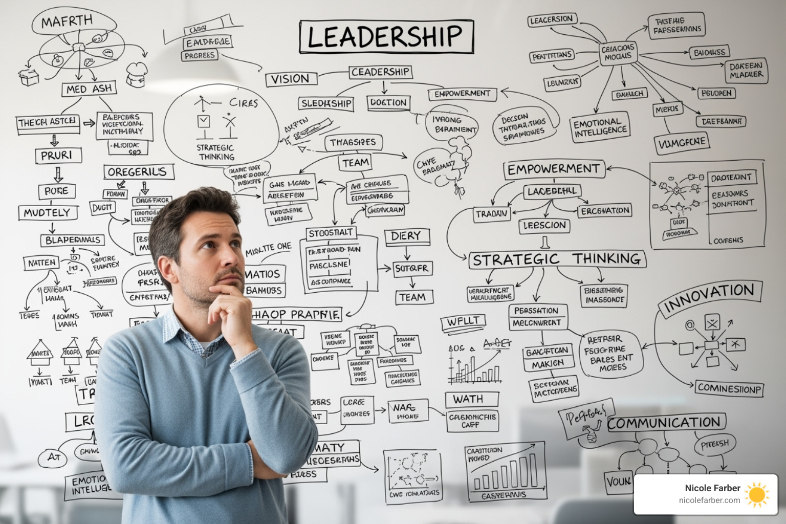 Person thoughtfully looking at a whiteboard with leadership concepts - become effective leader
