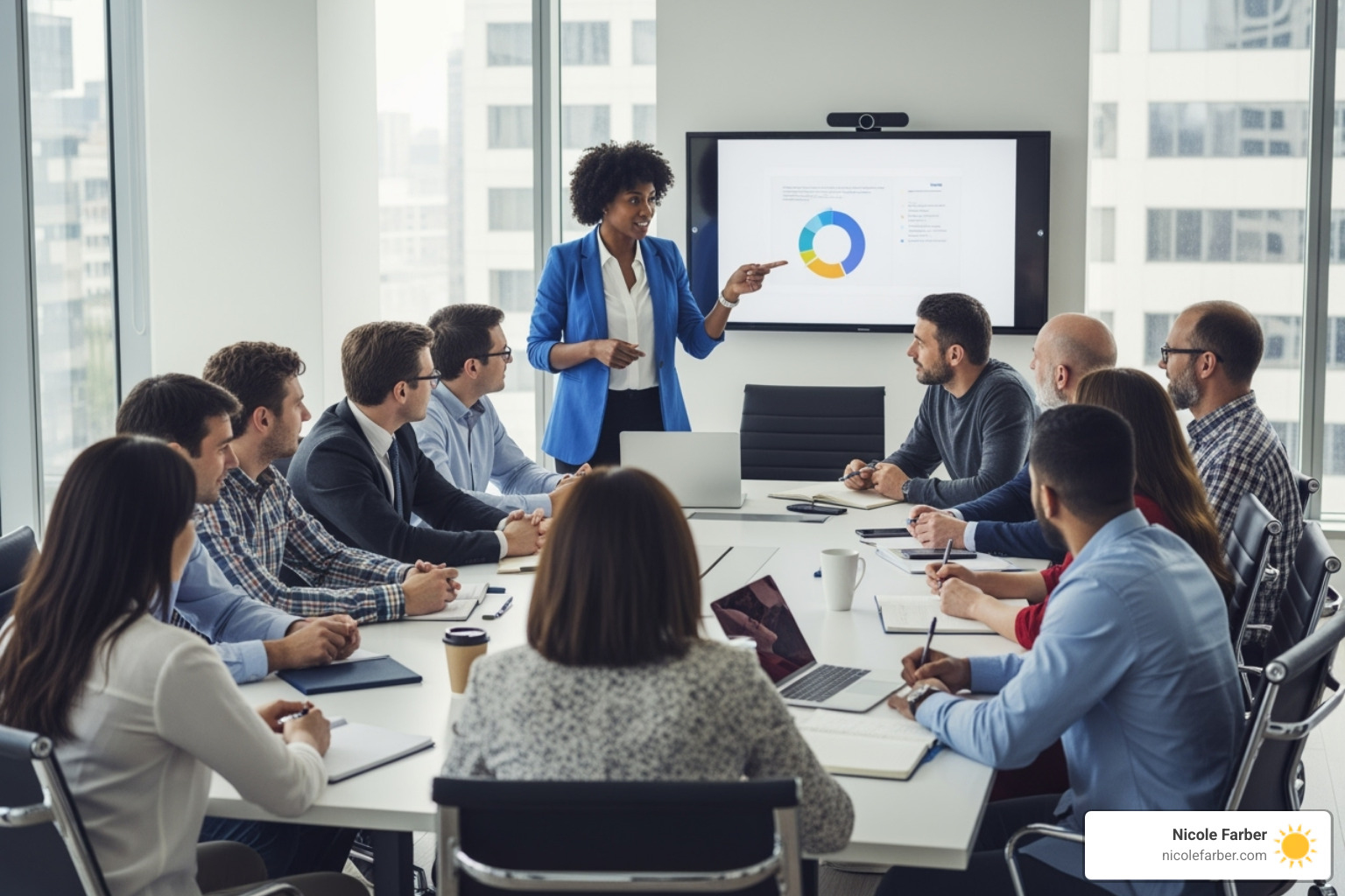 Leader facilitating a dynamic team meeting in a diverse, inclusive office in Luzerne County - become effective leader