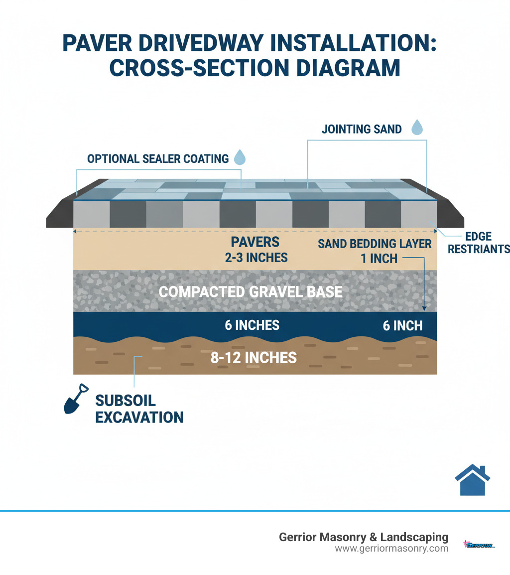 Detailed cross-section diagram showing the complete paver driveway installation process from subsoil excavation through final sealed surface, including measurements for each layer: 8-12 inch excavation depth, 6-inch compacted gravel base, 1-inch sand bedding layer, 2-3 inch pavers, edge restraints, jointing sand, and optional sealer coating - paver driveway installation infographic 