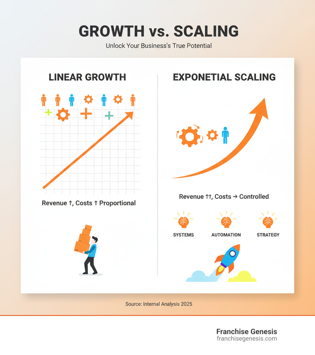 Detailed infographic showing the difference between linear business growth (adding resources proportionally to revenue) versus exponential business scaling (increasing revenue while controlling costs through systems, automation, and strategic processes) - Scale your business infographic 