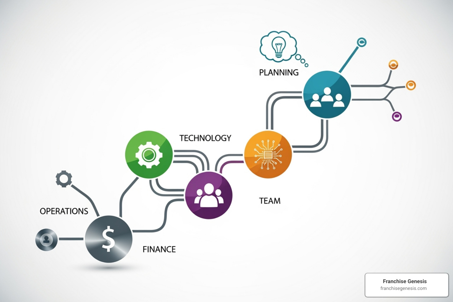 A strategic roadmap for business scaling with interconnected nodes representing planning, operations, technology, team, and finance - Scale your business