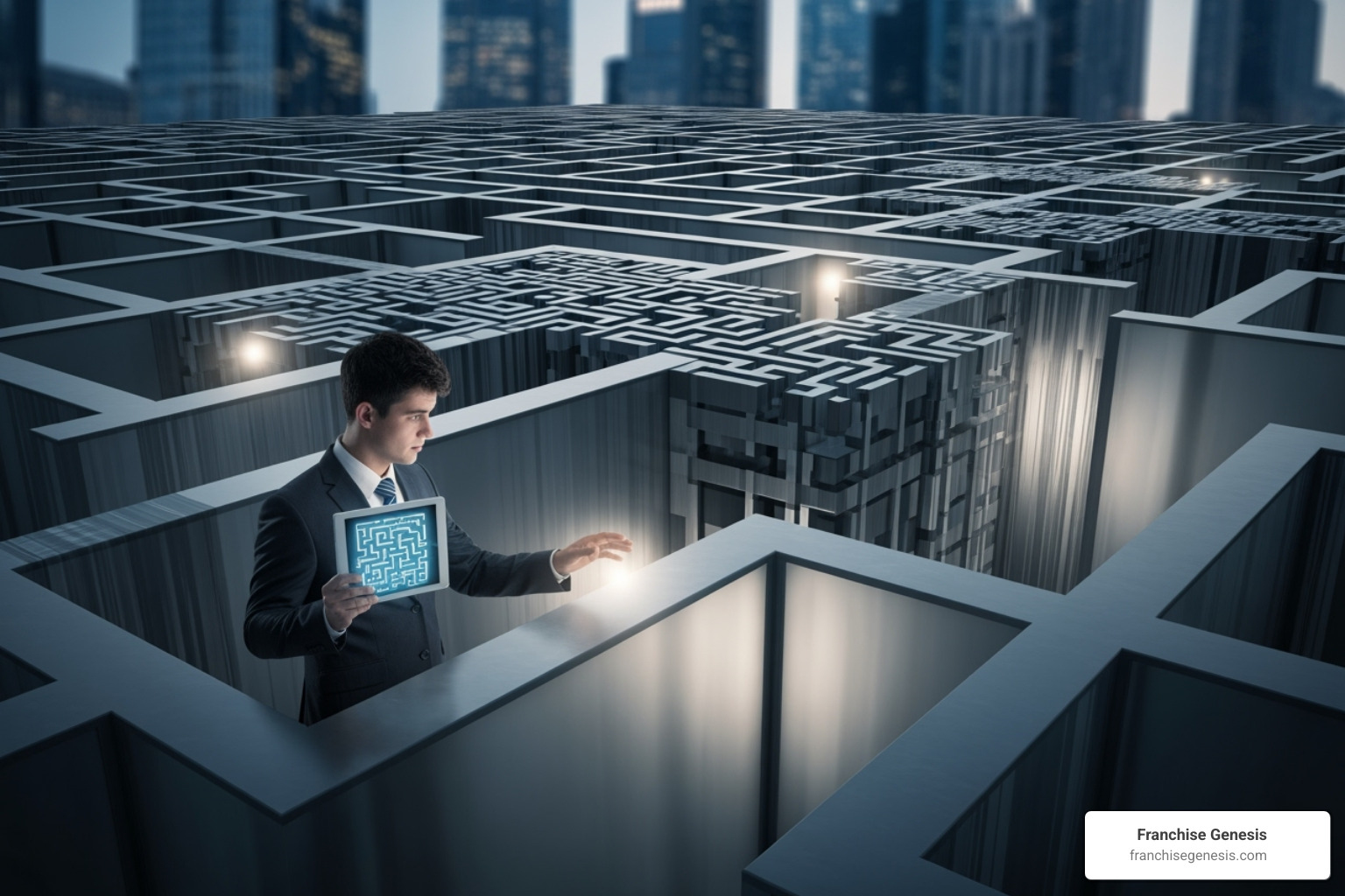 A person in business attire carefully navigating a complex, winding maze, symbolizing the challenges and strategic decisions involved in scaling a business - Scale your business