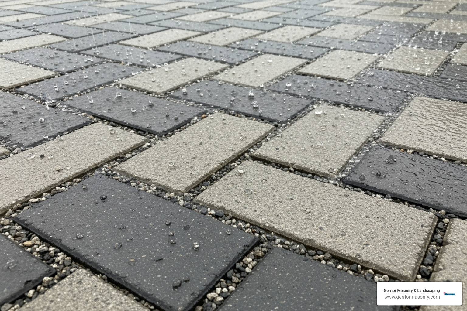 Permeable paver driveway absorbing rainwater, showcasing water seeping through joints - paver driveway installation