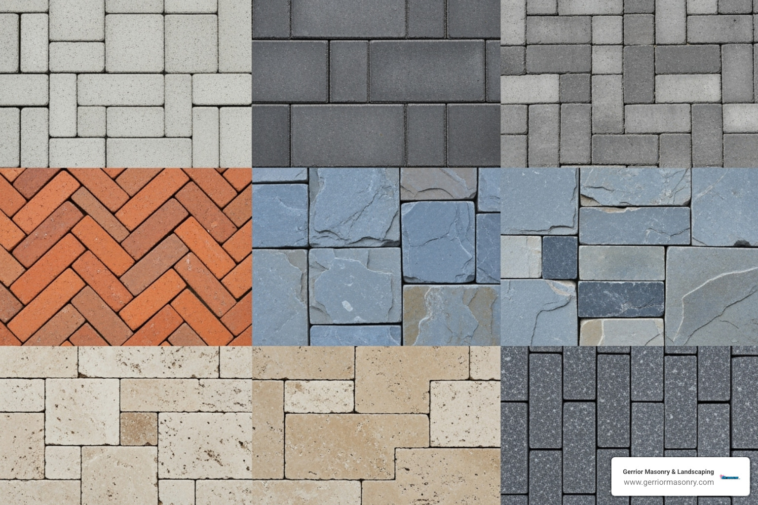 Different types of pavers including concrete, brick, and natural stone - paver driveway installation