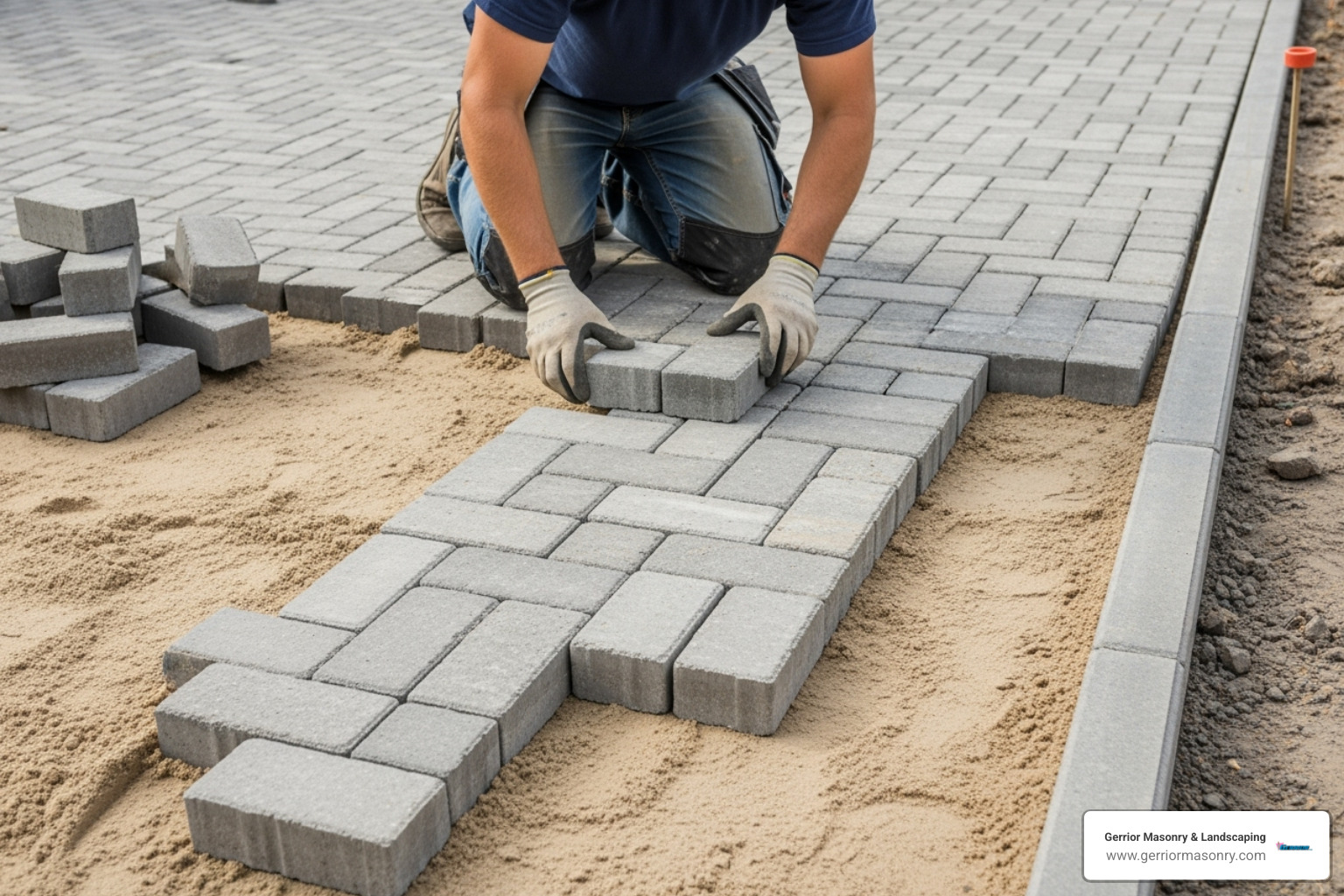 Laying pavers in a herringbone pattern on a prepared bedding layer - paver driveway installation