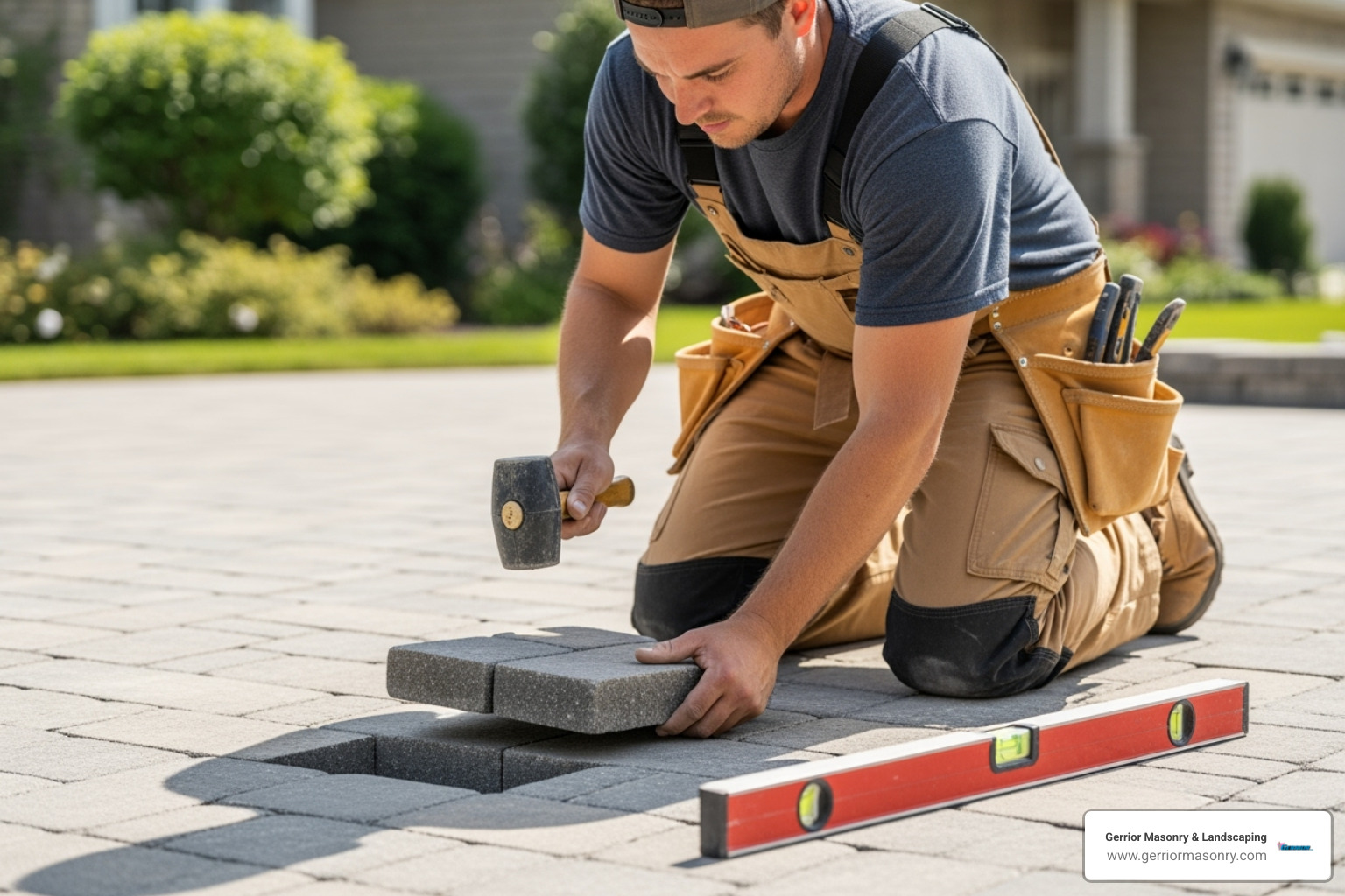 Professional mason fixing a sunken paver section on a driveway - paver driveway installation