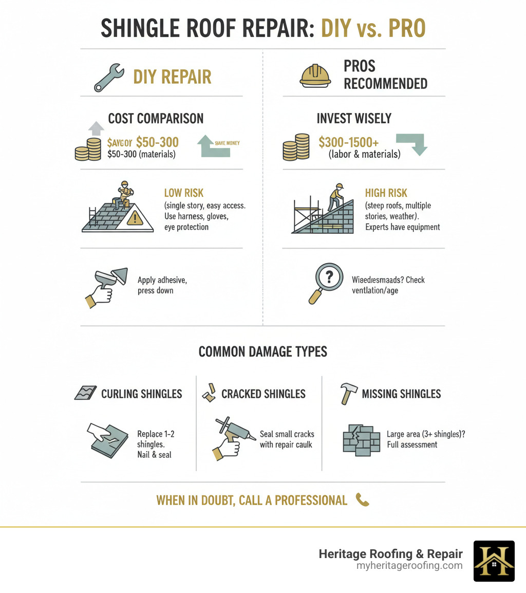 Comprehensive guide showing when to DIY shingle roof repair versus calling professionals, including cost comparisons, safety considerations, and step-by-step repair processes for common shingle damage like curling, cracking, and missing shingles - shingle roof repair infographic 