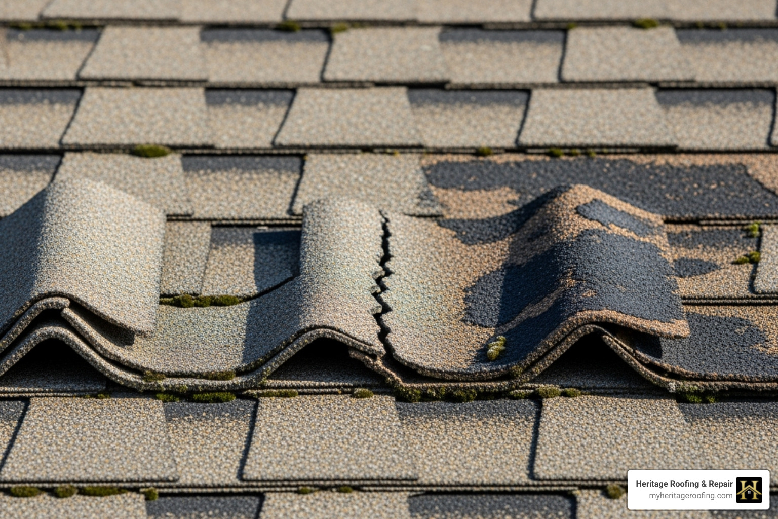 various types of shingle damage: curled edges, cracked shingles, and missing granules. - shingle roof repair