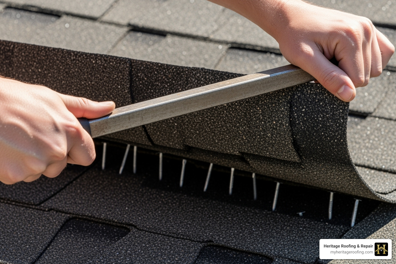 hands using a pry bar to gently lift a shingle to remove nails. - shingle roof repair
