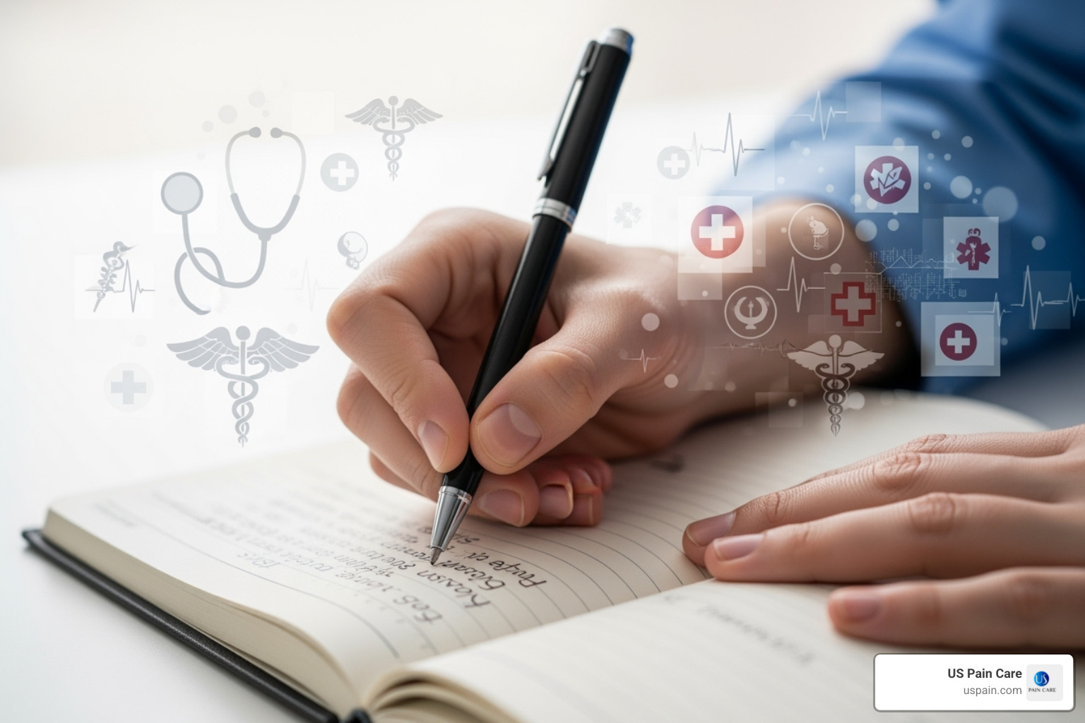 A person writing in a notebook with medical symbols in the background - patient first action plan for healthcare A person writing in a notebook with medical symbols in the background - patient first action plan for healthcare