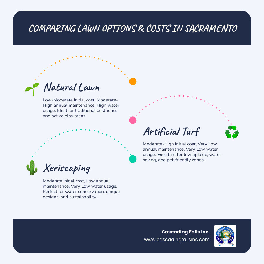 Table comparing the estimated cost and maintenance of natural lawn vs. artificial turf vs. xeriscaping - landscaping services Sacramento infographic infographic-line-3-steps-blues-accent_colors Table comparing the estimated cost and maintenance of natural lawn vs. artificial turf vs. xeriscaping - landscaping services Sacramento infographic infographic-line-3-steps-blues-accent_colors