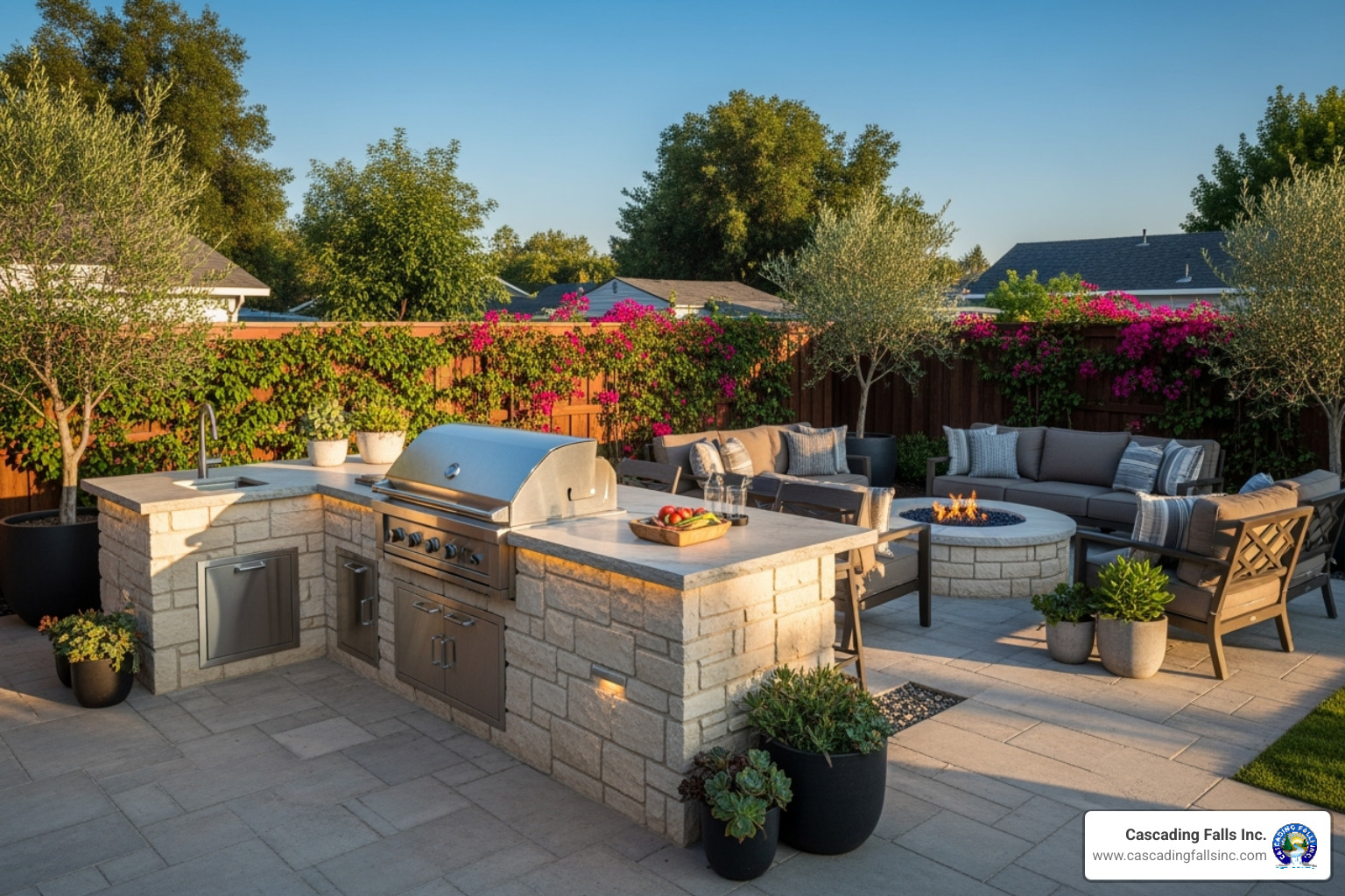 a modern outdoor kitchen and fire pit area in a Sacramento home - landscaping services Sacramento a modern outdoor kitchen and fire pit area in a Sacramento home - landscaping services Sacramento