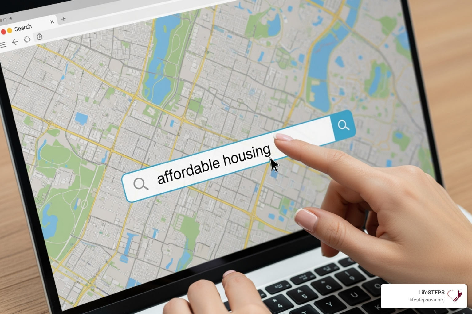 A person typing "affordable housing" into a search bar on a laptop, with a map of a city visible in the background. - income restricted housing near me