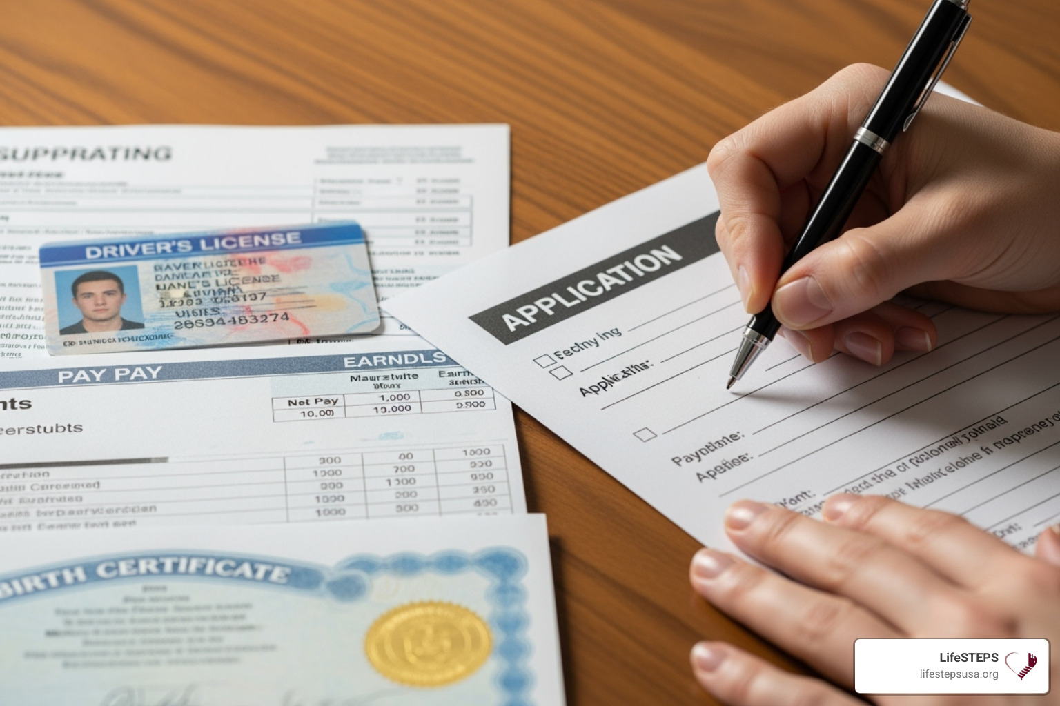 A person's hands filling out an application form, with a stack of documents like a driver's license, pay stubs, and a birth certificate visible on the table. - income restricted housing near me
