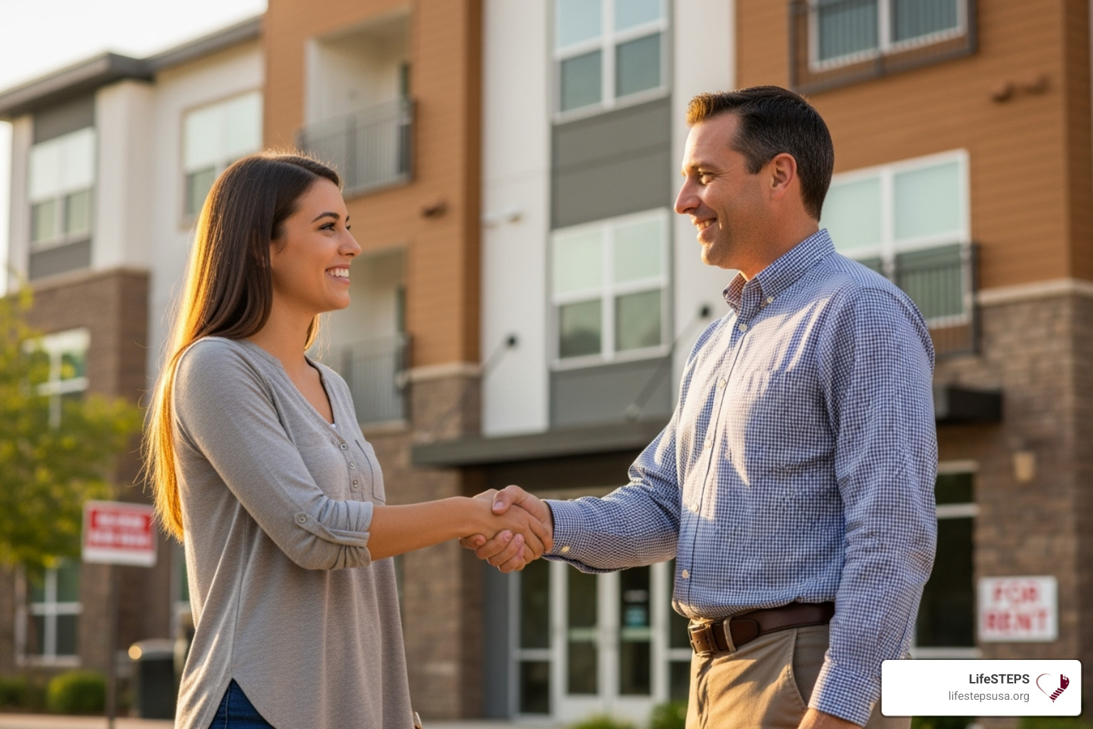 A smiling tenant and a friendly property manager shaking hands in front of an apartment building, symbolizing a positive landlord-tenant relationship. - income restricted housing near me