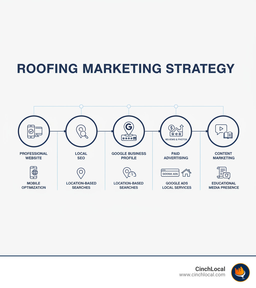 Comprehensive roofing marketing strategy showing five key pillars: professional website with mobile optimization and fast loading, local SEO targeting location-based searches, Google Business Profile management with reviews and photos, paid advertising including Google Ads and Local Services, and content marketing through educational blogs and social media presence - Roofing marketing infographic 