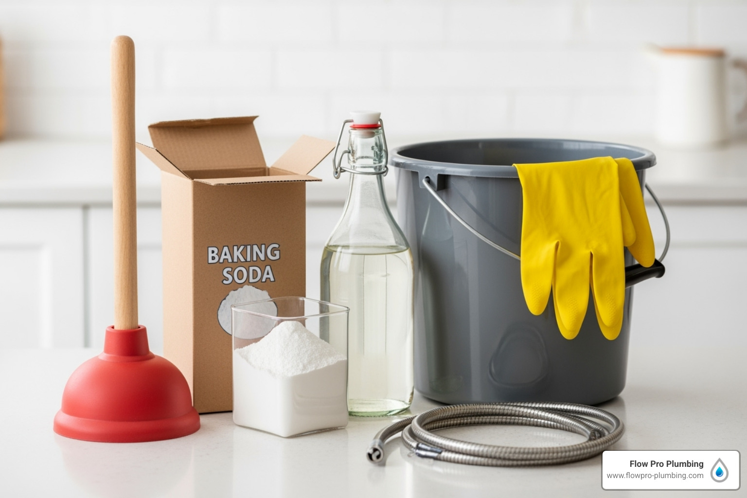 Essential DIY tools for unclogging a sink: plunger, baking soda, white vinegar, bucket, rubber gloves, and a small drain snake - clogged sink repair Essential DIY tools for unclogging a sink: plunger, baking soda, white vinegar, bucket, rubber gloves, and a small drain snake - clogged sink repair