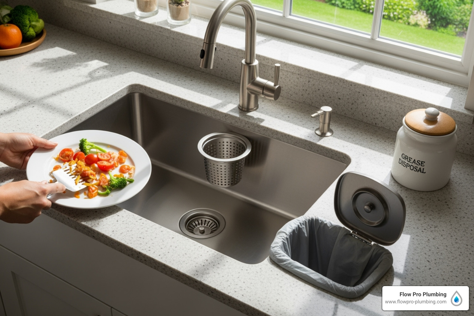 Graphic showing various preventative measures for sink clogs, including using drain strainers, scraping plates, disposing of grease properly, and running hot water - clogged sink repair Graphic showing various preventative measures for sink clogs, including using drain strainers, scraping plates, disposing of grease properly, and running hot water - clogged sink repair