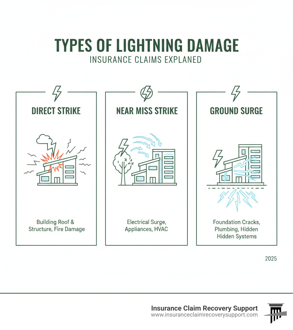Infographic showing three types of lightning strikes: Direct Strike hitting building roof with visible fire damage, Near Miss Strike hitting nearby tree with electrical surge arrows pointing to building, and Ground Surge with underground electrical current arrows affecting building foundation and systems - lightning damage insurance claim infographic  Infographic showing three types of lightning strikes: Direct Strike hitting building roof with visible fire damage, Near Miss Strike hitting nearby tree with electrical surge arrows pointing to building, and Ground Surge with underground electrical current arrows affecting building foundation and systems - lightning damage insurance claim infographic