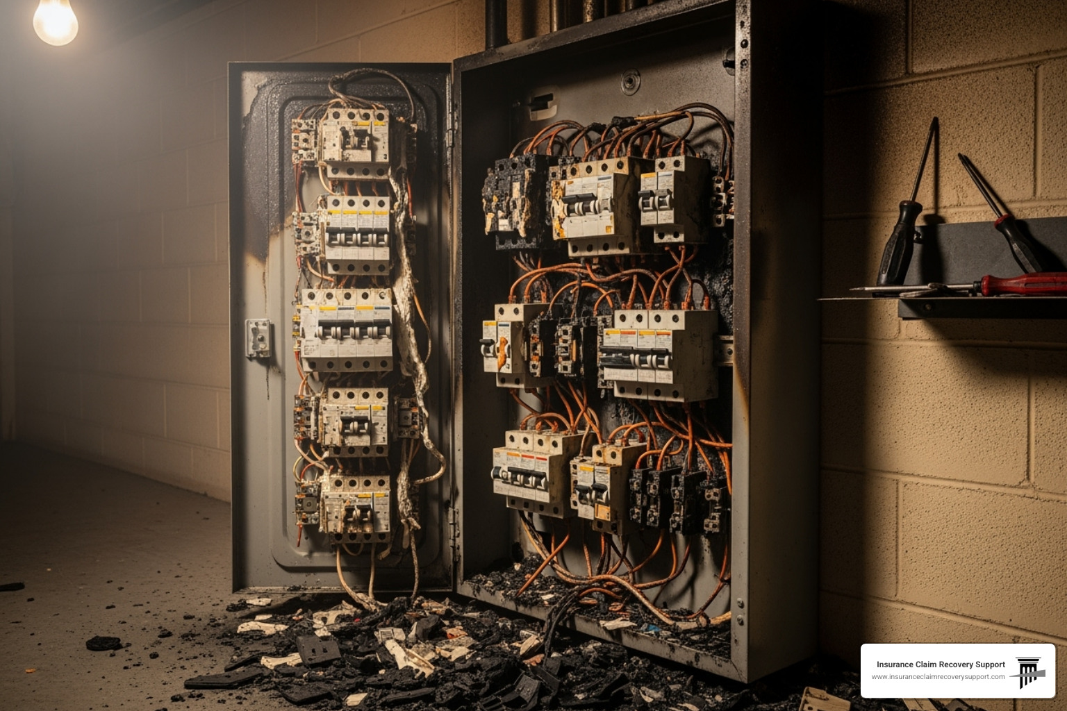 A scorched electrical panel in a commercial building's utility room, showing signs of severe electrical damage - lightning damage insurance claim A scorched electrical panel in a commercial building's utility room, showing signs of severe electrical damage - lightning damage insurance claim