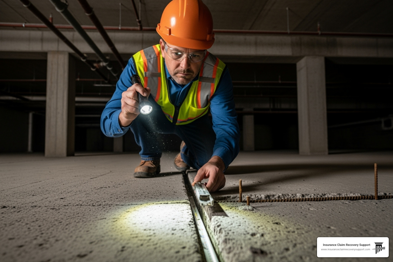 A professional inspecting a commercial building's foundation for cracks, indicating potential hidden structural damage - lightning damage insurance claim A professional inspecting a commercial building's foundation for cracks, indicating potential hidden structural damage - lightning damage insurance claim