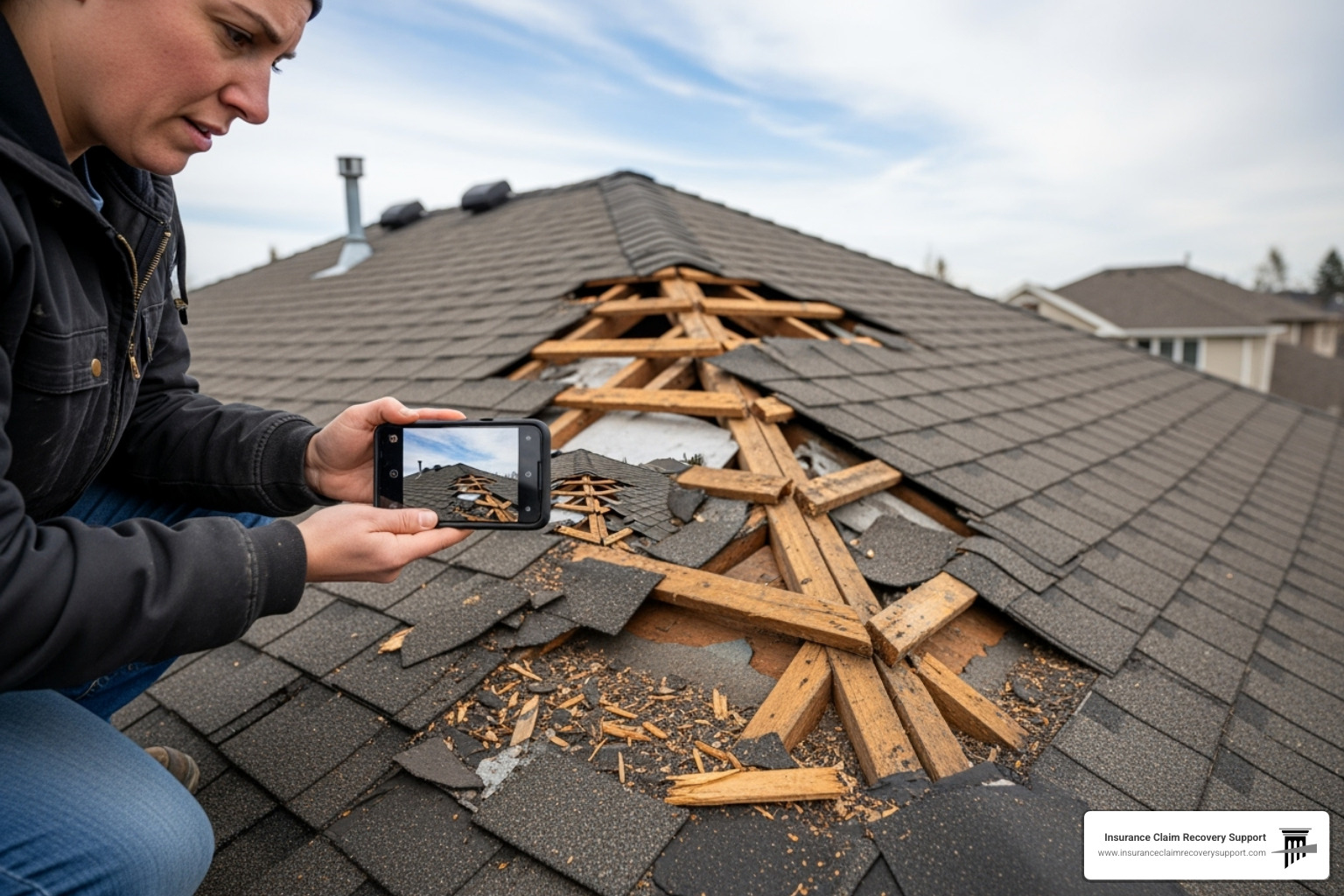 A person taking photos of a damaged roof with a smartphone, documenting the extent of the damage - lightning damage insurance claim A person taking photos of a damaged roof with a smartphone, documenting the extent of the damage - lightning damage insurance claim