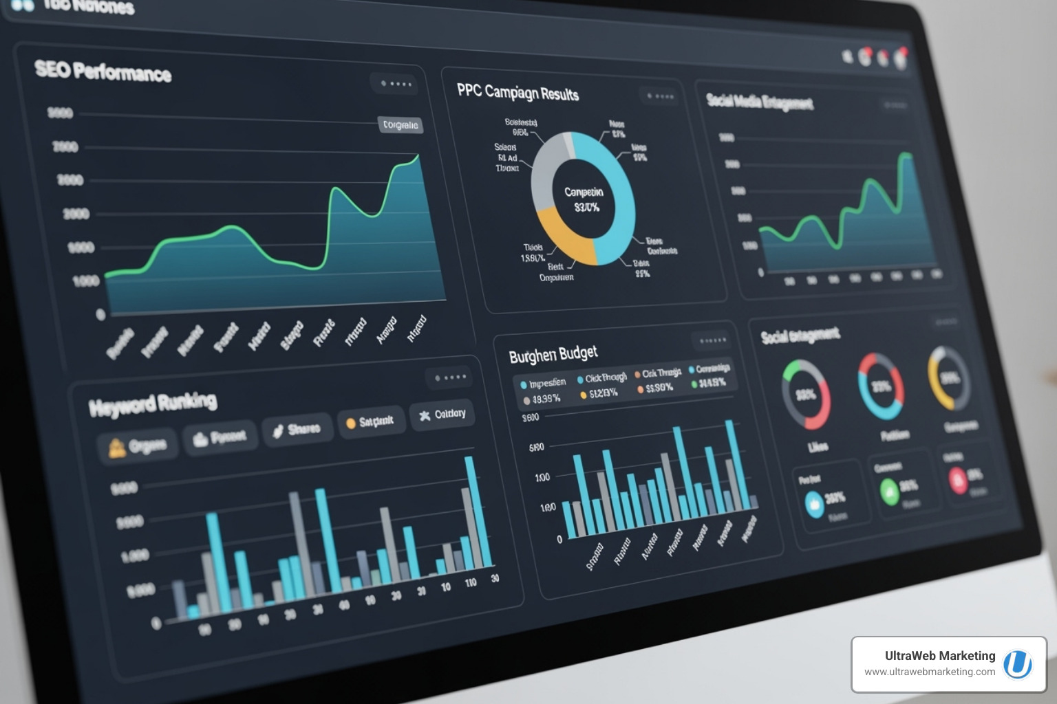 A digital dashboard displaying various marketing analytics, including SEO performance, PPC campaign results, and social media engagement metrics - seo digital marketing near me A digital dashboard displaying various marketing analytics, including SEO performance, PPC campaign results, and social media engagement metrics - seo digital marketing near me