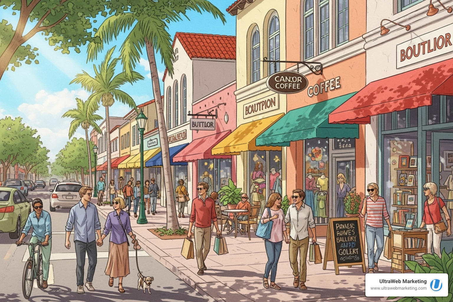 A busy street in Boca Raton, Florida, with storefronts and people walking, symbolizing local business activity and customer presence - seo digital marketing near me A busy street in Boca Raton, Florida, with storefronts and people walking, symbolizing local business activity and customer presence - seo digital marketing near me