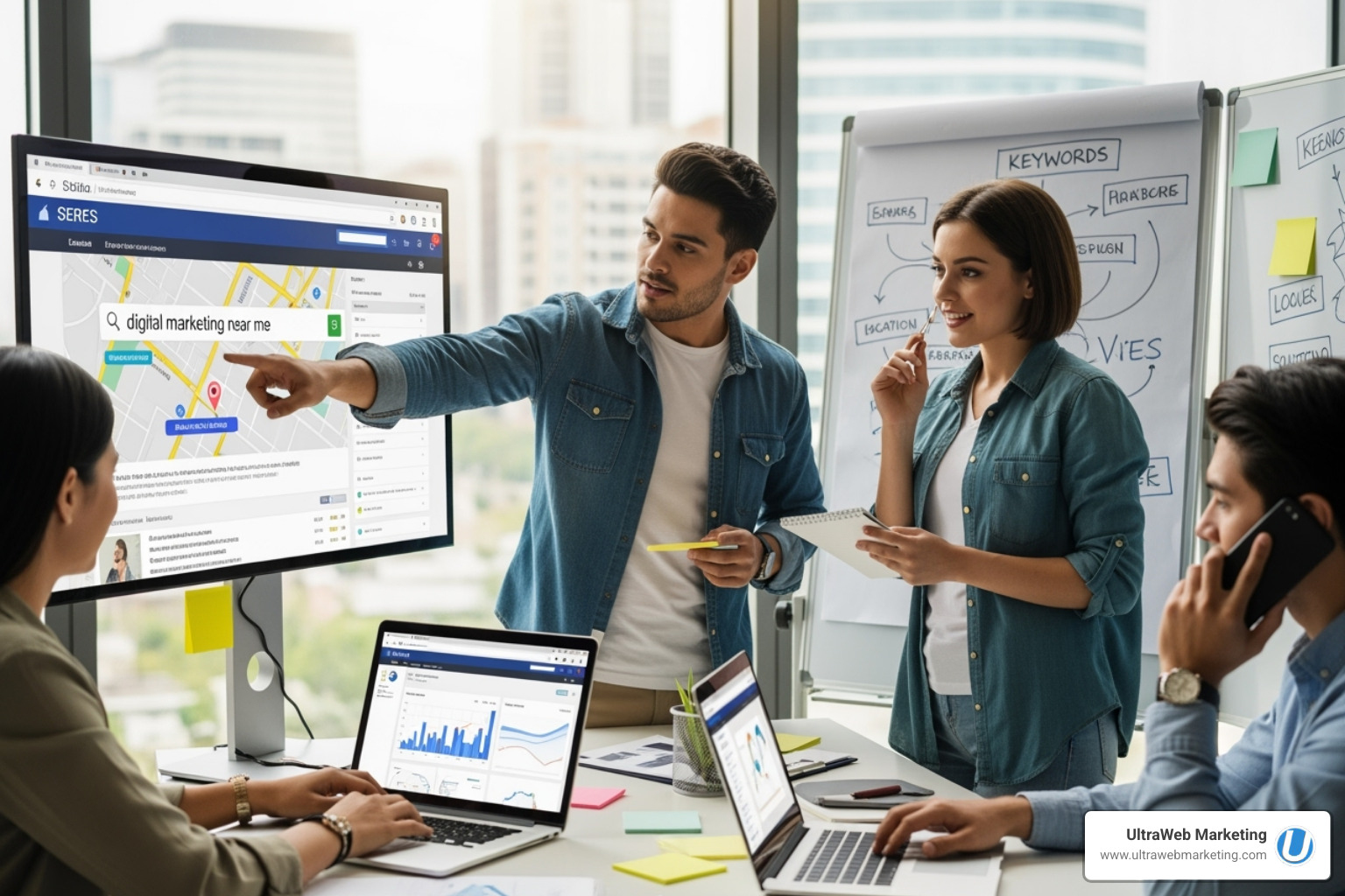 A person's hand holding a magnifying glass over a laptop screen displaying various local business listings and reviews, symbolizing the search for a trustworthy SEO agency - seo digital marketing near me A person's hand holding a magnifying glass over a laptop screen displaying various local business listings and reviews, symbolizing the search for a trustworthy SEO agency - seo digital marketing near me