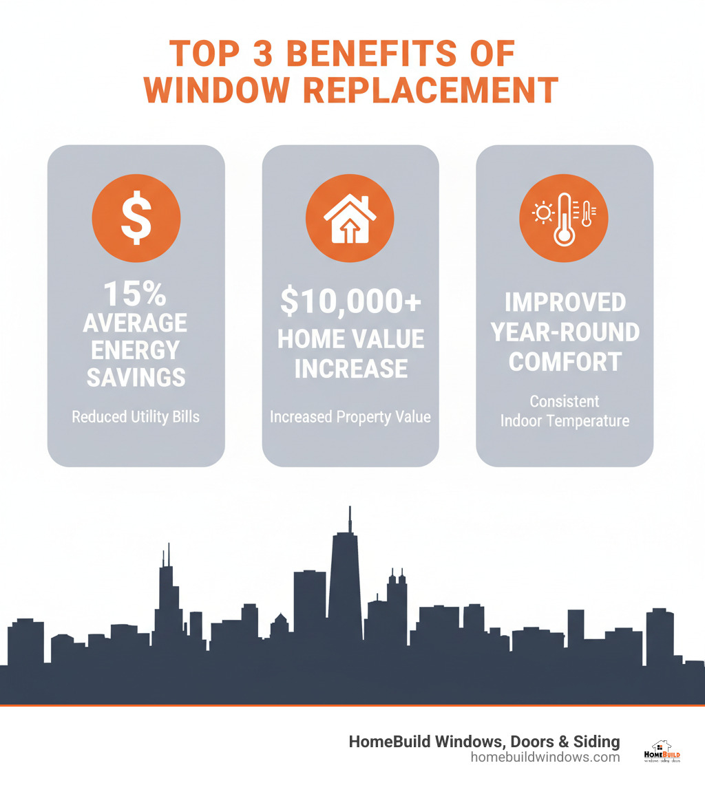 Infographic showing the top 3 benefits of window replacement in Chicago: 15% average energy savings with dollar sign icon, $10,000+ home value increase with house and upward arrow icon, and improved year-round comfort with temperature control icon, all set against Chicago skyline silhouette - Chicagoland window replacement infographic 