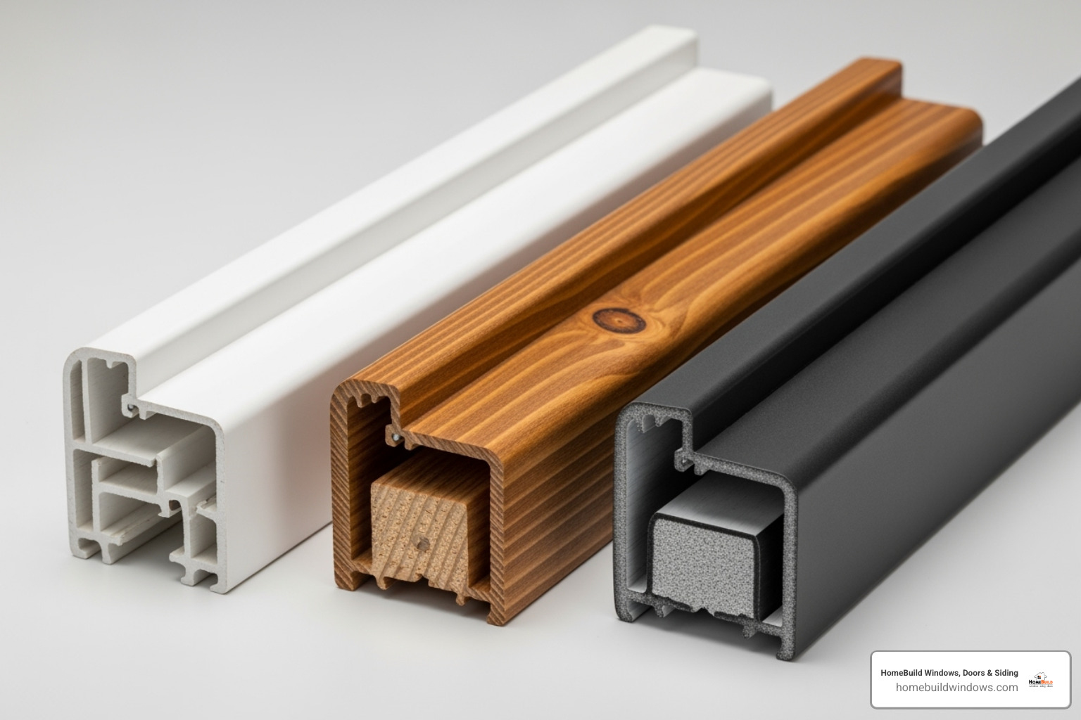 Image of different window materials like vinyl, wood, and fiberglass side-by-side - Chicagoland window replacement
