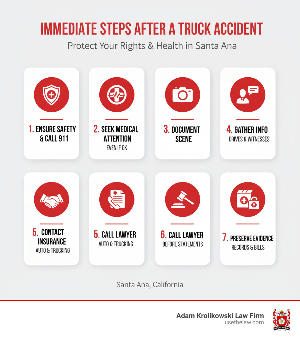 Infographic showing immediate steps after a truck accident: 1) Ensure safety and call 911, 2) Seek medical attention even if feeling fine, 3) Document the scene with photos, 4) Gather driver and witness information, 5) Contact insurance companies, 6) Call a truck accident lawyer before giving statements, 7) Preserve all evidence and medical records - Truck Accident Lawyer in Santa Ana infographic 