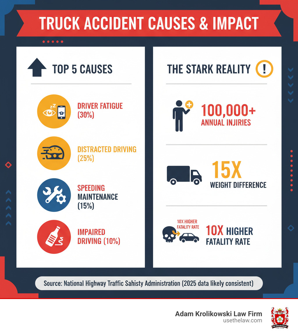 Infographic showing the top 5 causes of truck accidents: driver fatigue (30%), distracted driving (25%), speeding (20%), improper maintenance (15%), and impaired driving (10%), alongside statistics showing 100,000+ annual injuries, 15x weight difference between trucks and cars, and 10x higher fatality rate compared to car accidents - Injury from truck accident infographic Infographic showing the top 5 causes of truck accidents: driver fatigue (30%), distracted driving (25%), speeding (20%), improper maintenance (15%), and impaired driving (10%), alongside statistics showing 100,000+ annual injuries, 15x weight difference between trucks and cars, and 10x higher fatality rate compared to car accidents - Injury from truck accident infographic