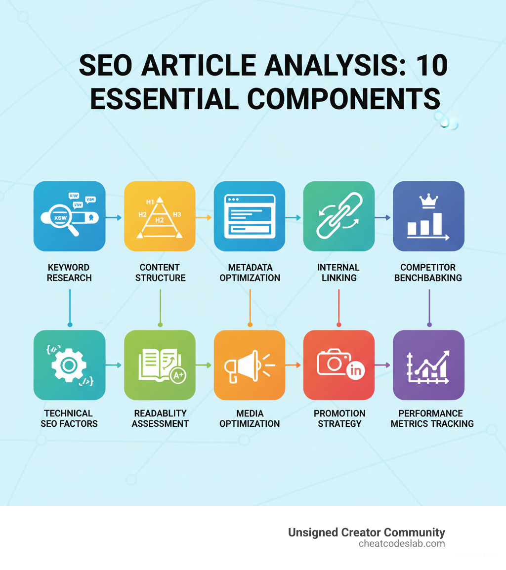 Comprehensive infographic showing the 10 essential components of SEO article analysis including keyword research, content structure evaluation, metadata optimization, internal linking strategy, competitor benchmarking, technical SEO factors, readability assessment, media optimization, promotion strategy analysis, and performance metrics tracking - seo article analysis infographic 