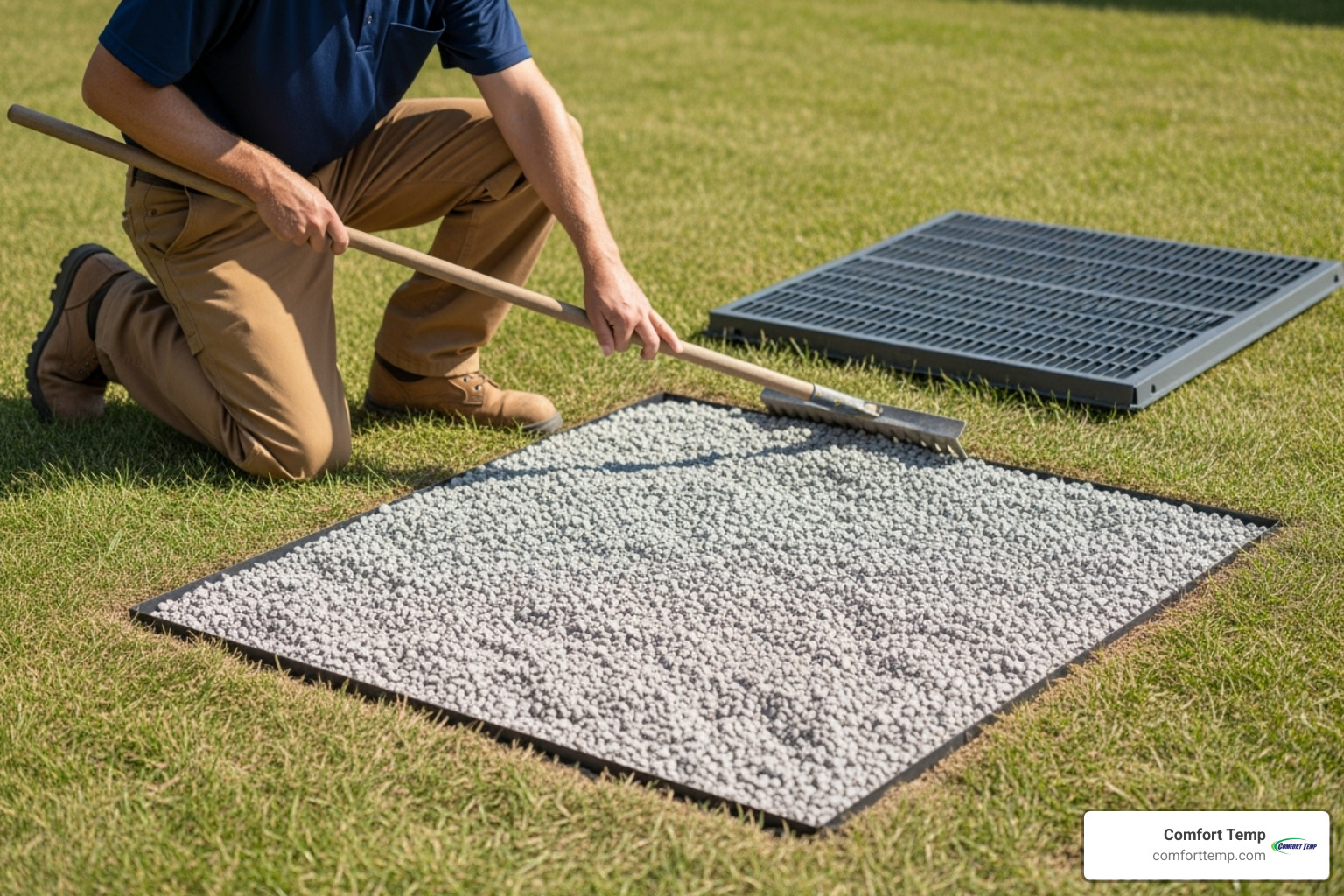 Technician preparing an outdoor pad - AC unit installation Technician preparing an outdoor pad - AC unit installation
