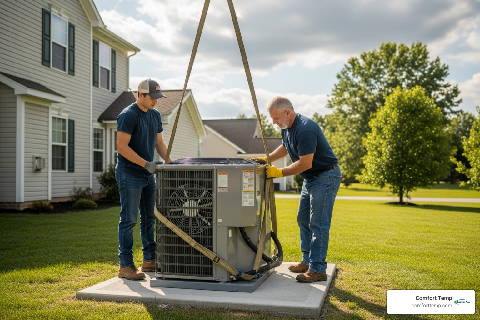 Technicians carefully placing a new outdoor condenser unit - AC unit installation Technicians carefully placing a new outdoor condenser unit - AC unit installation