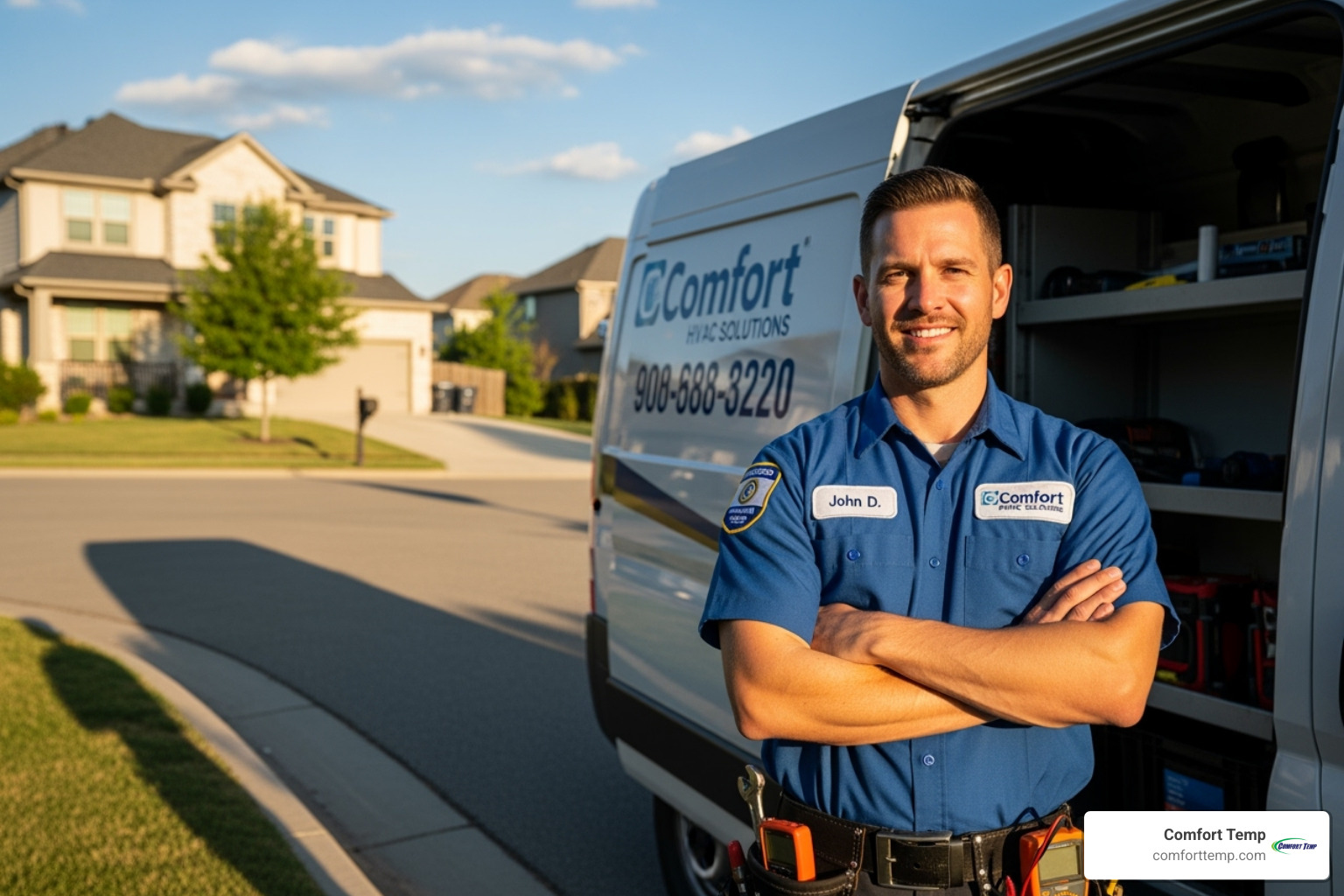 Certified technician in uniform with a company van - AC unit installation Certified technician in uniform with a company van - AC unit installation