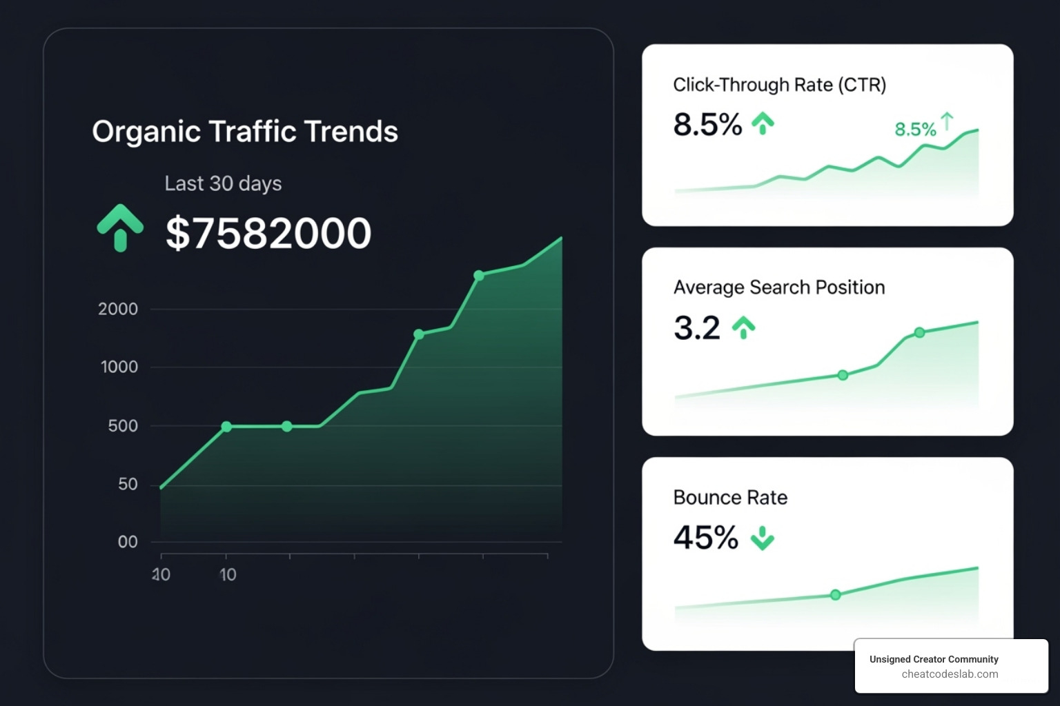 A dashboard displaying various SEO metrics like organic traffic trends, CTR, average position, and bounce rate, with green upward arrows indicating positive performance. - seo article analysis