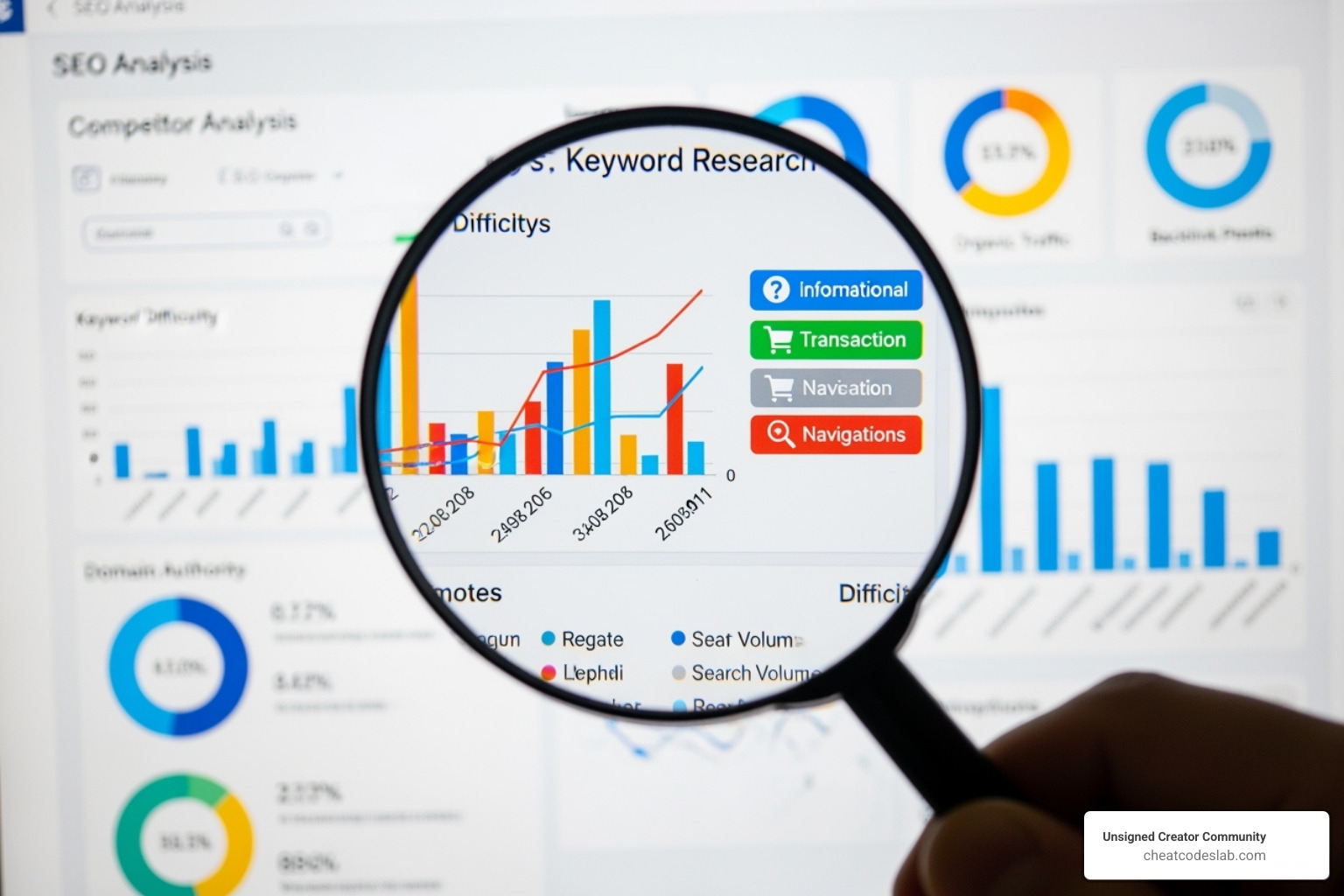 A magnifying glass hovering over a screen displaying keyword research data, search intent icons, and competitor analysis charts. - seo article analysis